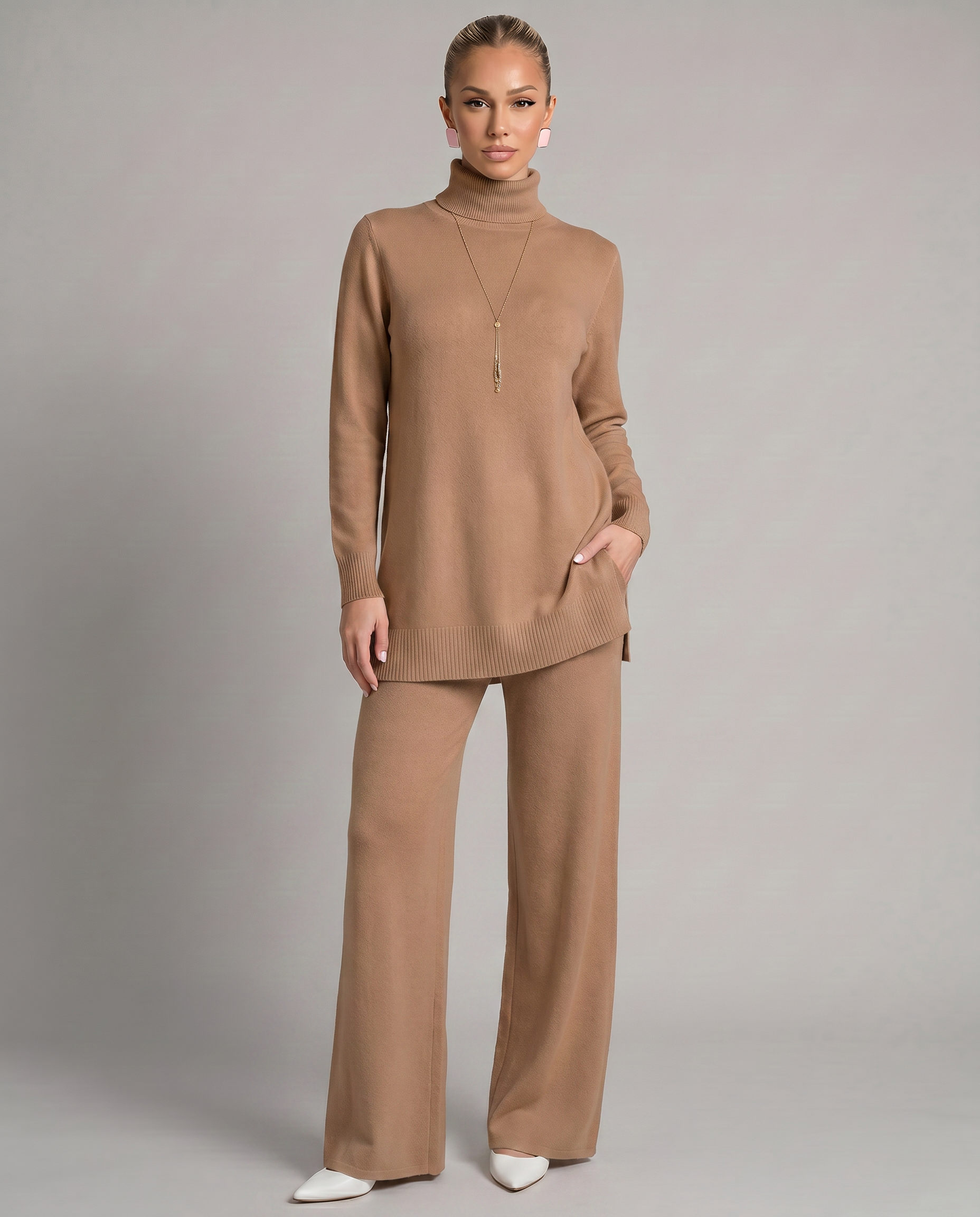 Eileen - Women's Knitted Co Ord Set with Turtleneck and Wide Leg Trousers