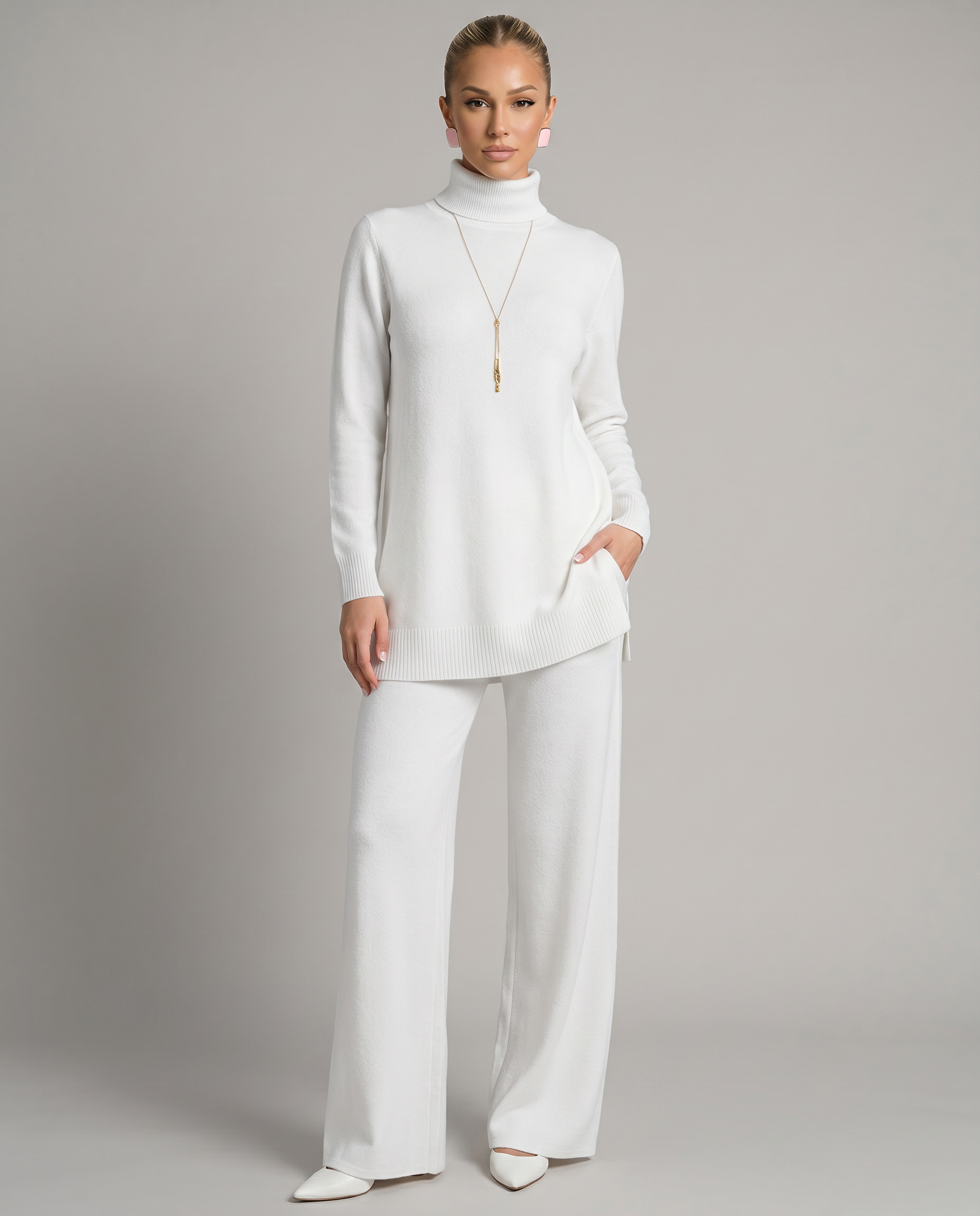 Eileen - Women's Knitted Co Ord Set with Turtleneck and Wide Leg Trousers