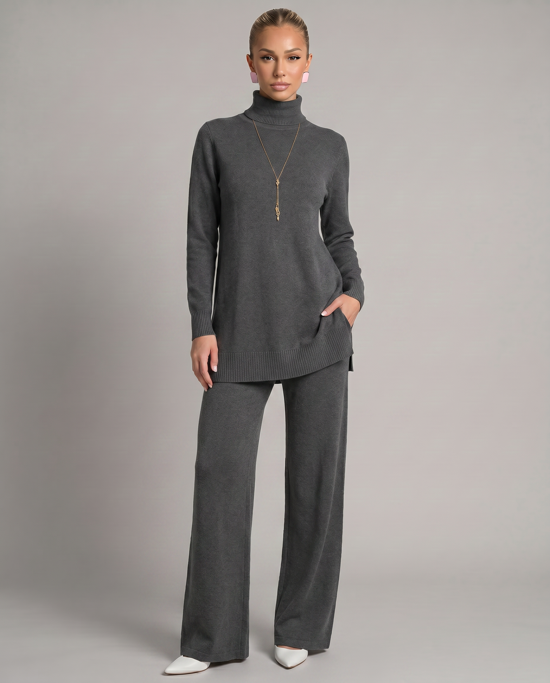 Eileen - Women's Knitted Co Ord Set with Turtleneck and Wide Leg Trousers