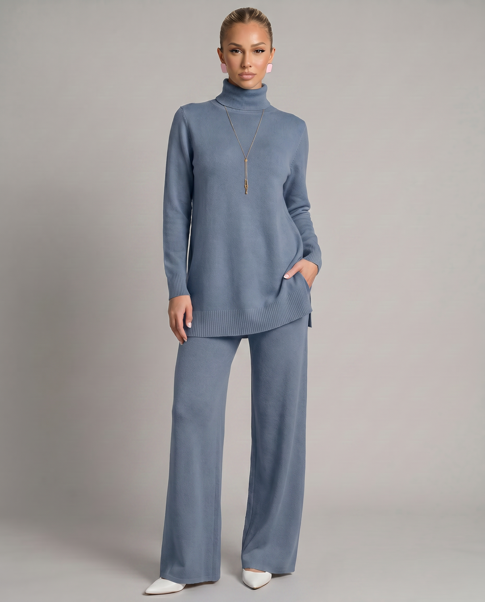 Eileen - Women's Knitted Co Ord Set with Turtleneck and Wide Leg Trousers
