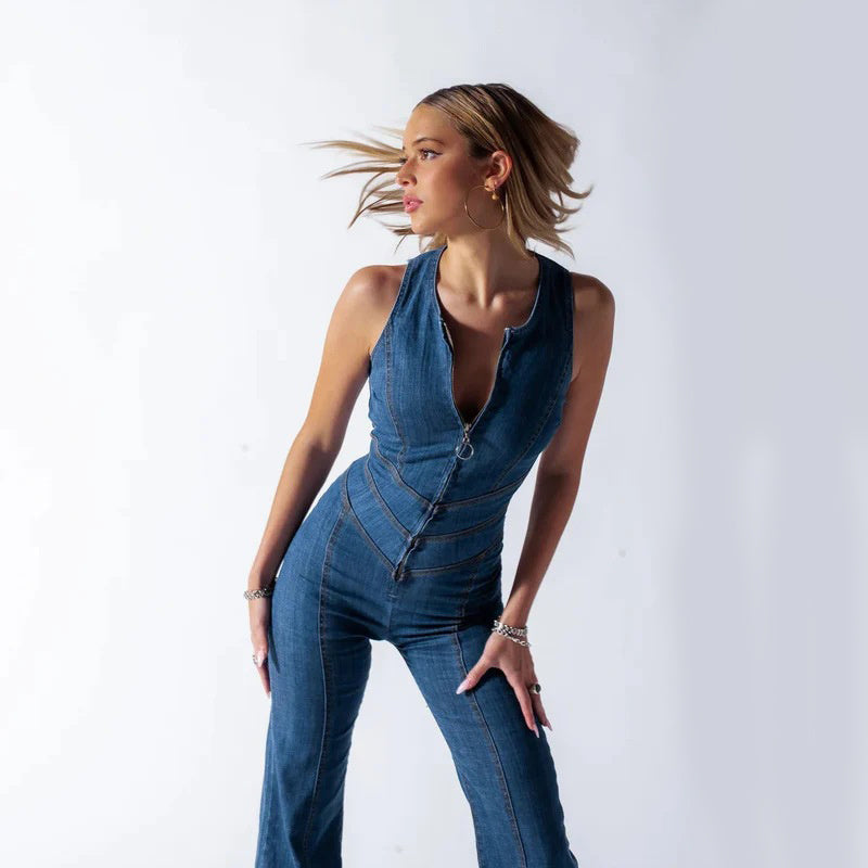 Amira - Women's Denim Jumpsuit with Heart Cutout