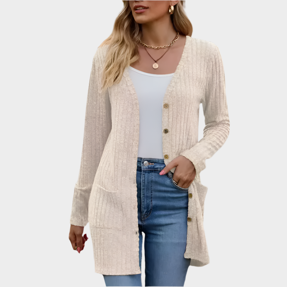 Jemima - Women's Ribbed Knit Button-Up Longline Cardigan