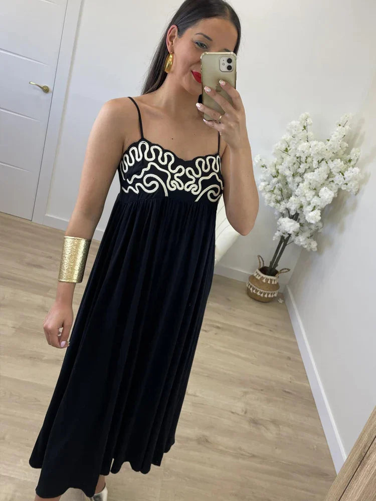 Nixie - Women's Embroidered Sling Maxi Dress