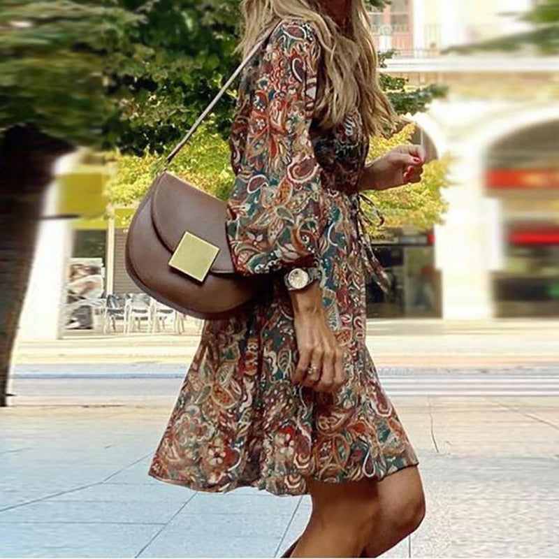 Rhonwen - Women's Paisley Print Mini Dress with Balloon Sleeves