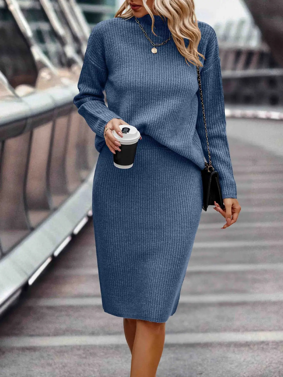 Hedwig - Women's Knit Midi Skirt with Stand Collar – Blue