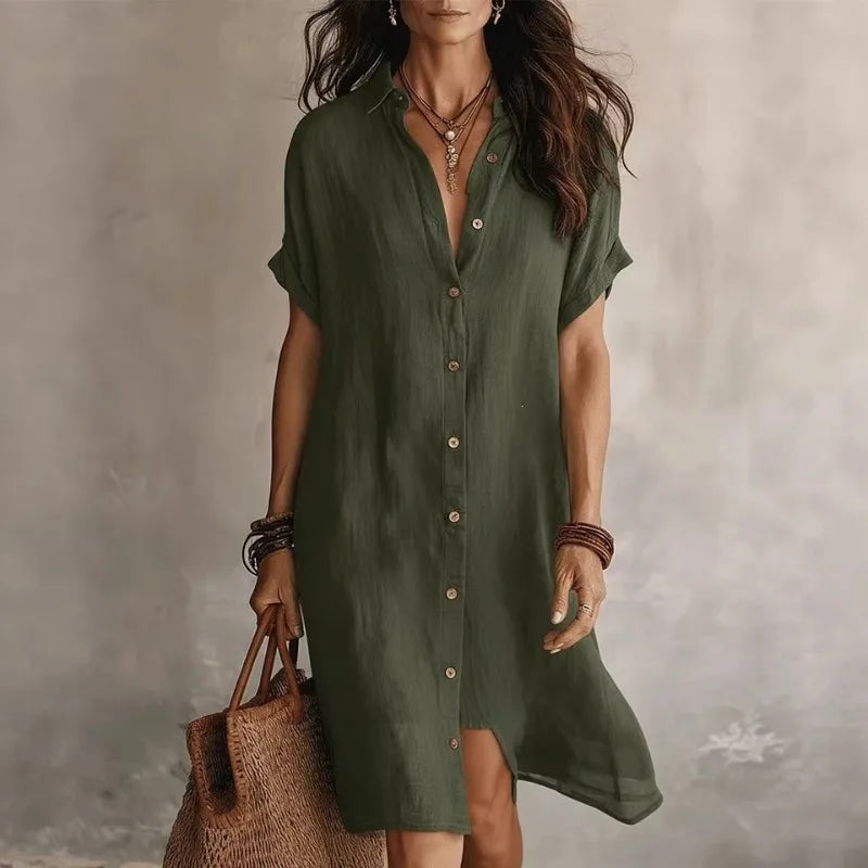 Women's Midi Dress Button Front Shirt Style Short Sleeve Collar