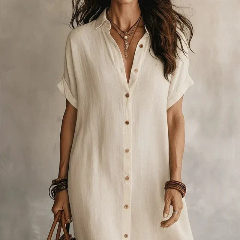 Women's Midi Dress Button Front Shirt Style Short Sleeve Collar
