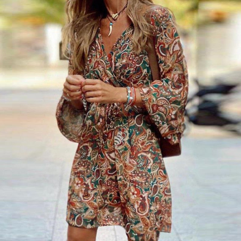 Rhonwen - Women's Paisley Print Mini Dress with Balloon Sleeves