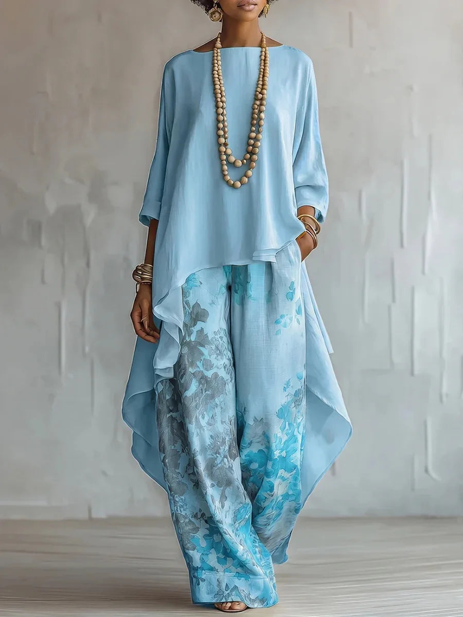 Set a due pezzi floreale da donna con pantaloni a gamba larga