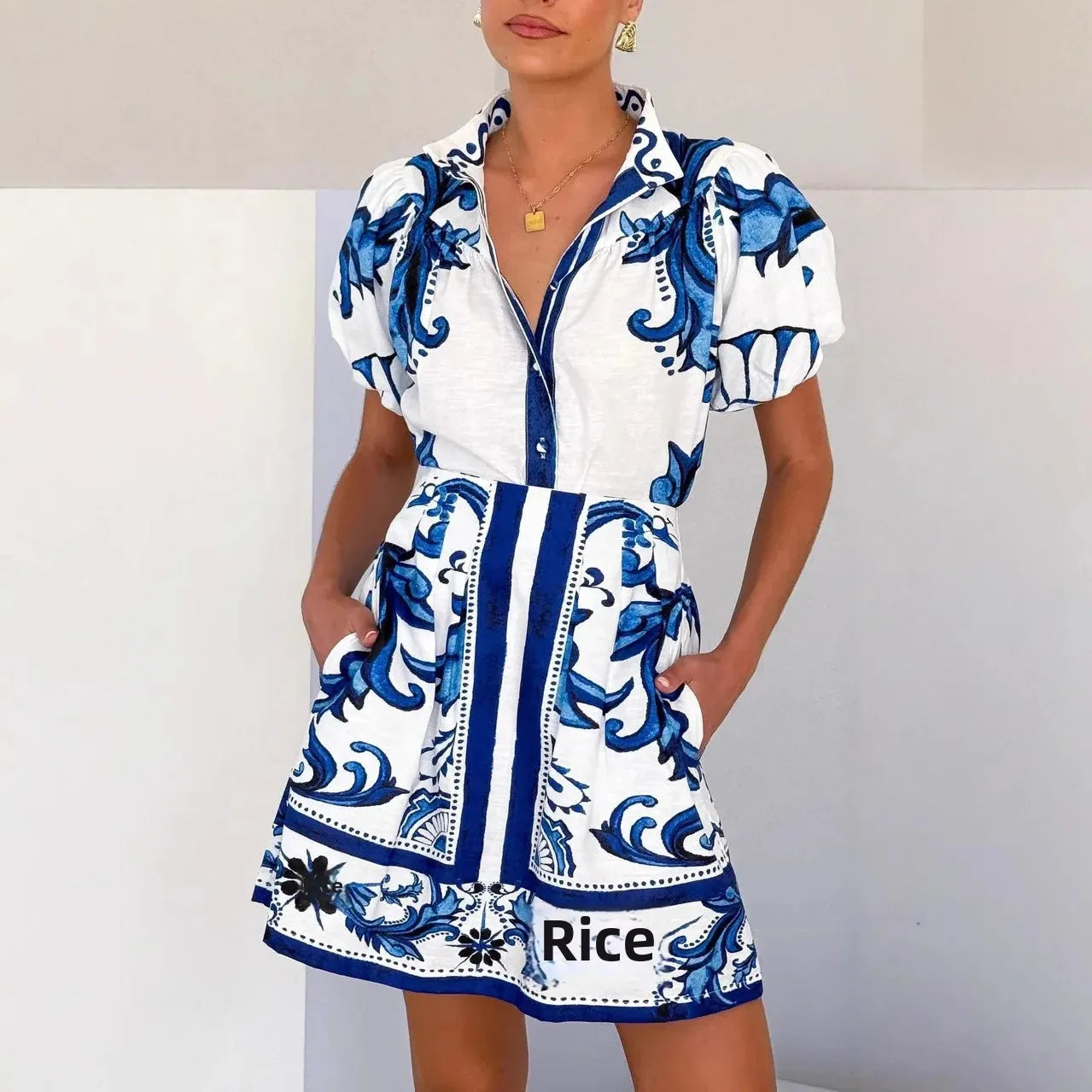 Women's Mini Sundress - Puff Sleeve Floral in Blue