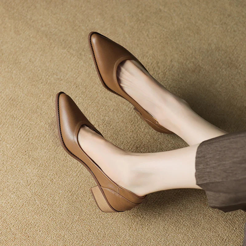 Zapatos de salón sin cordones para mujer, de punta fina y tacón medio ancho
