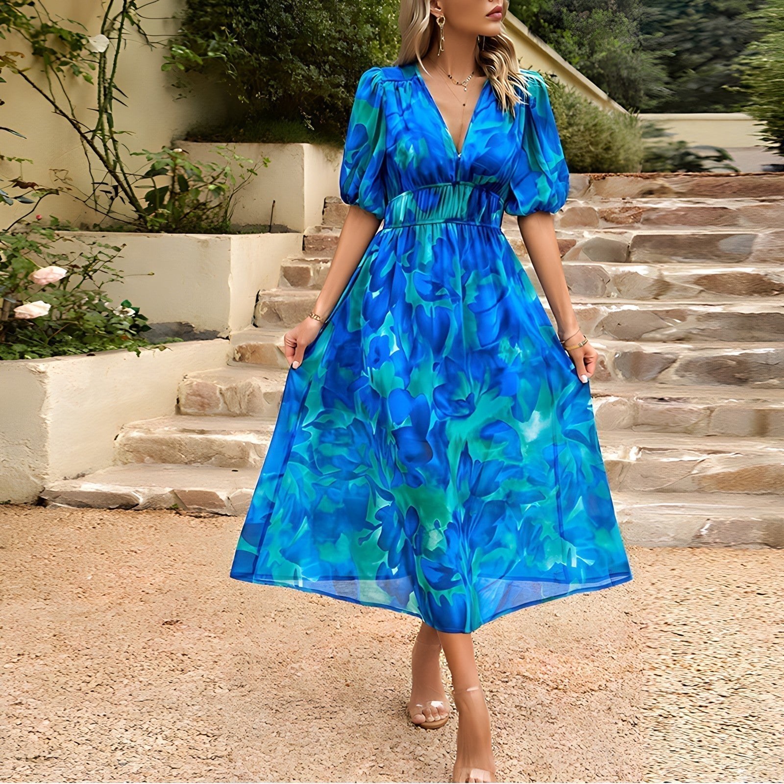 Sadie - Women's Midi Dress with V-Neck
