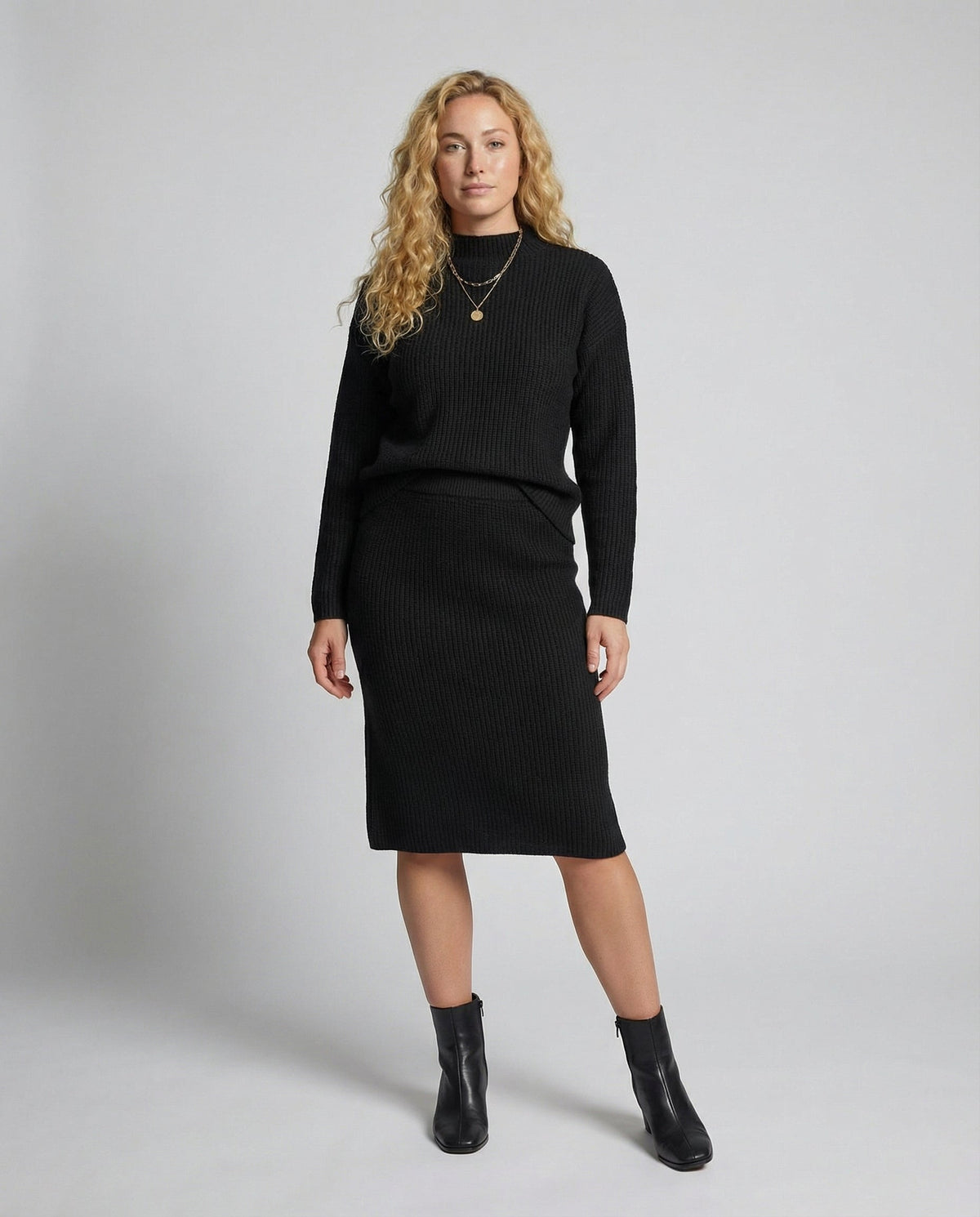 Hedwig - Women's Knit Midi Skirt with Stand Collar