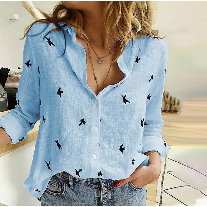 Scarlett - Women's Relaxed Bird-Print Button-Up Blouse