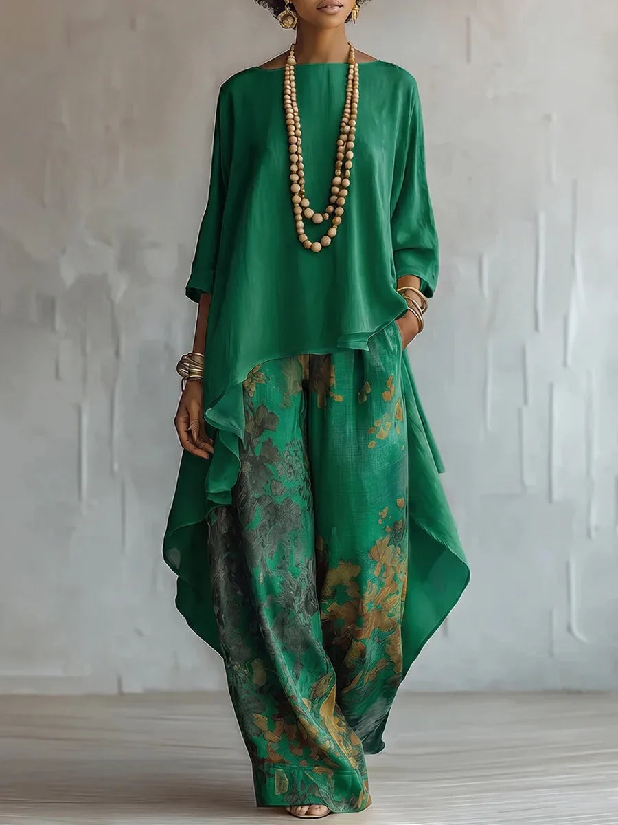 Set a due pezzi floreale da donna con pantaloni a gamba larga