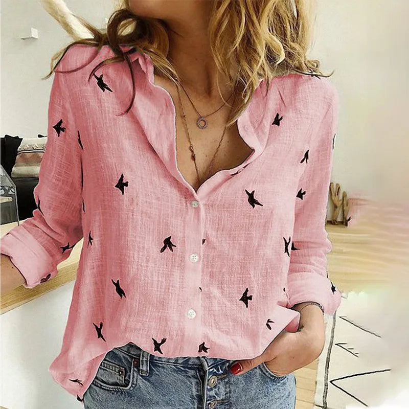 Scarlett - Women's Relaxed Bird-Print Button-Up Blouse
