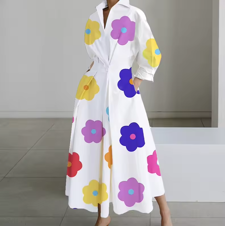 Estelle - Women's Collared Shirt Dress with Button-Down Front and Cinched Waist