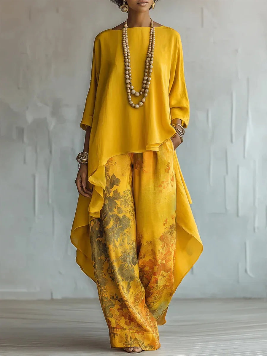 Set a due pezzi floreale da donna con pantaloni a gamba larga
