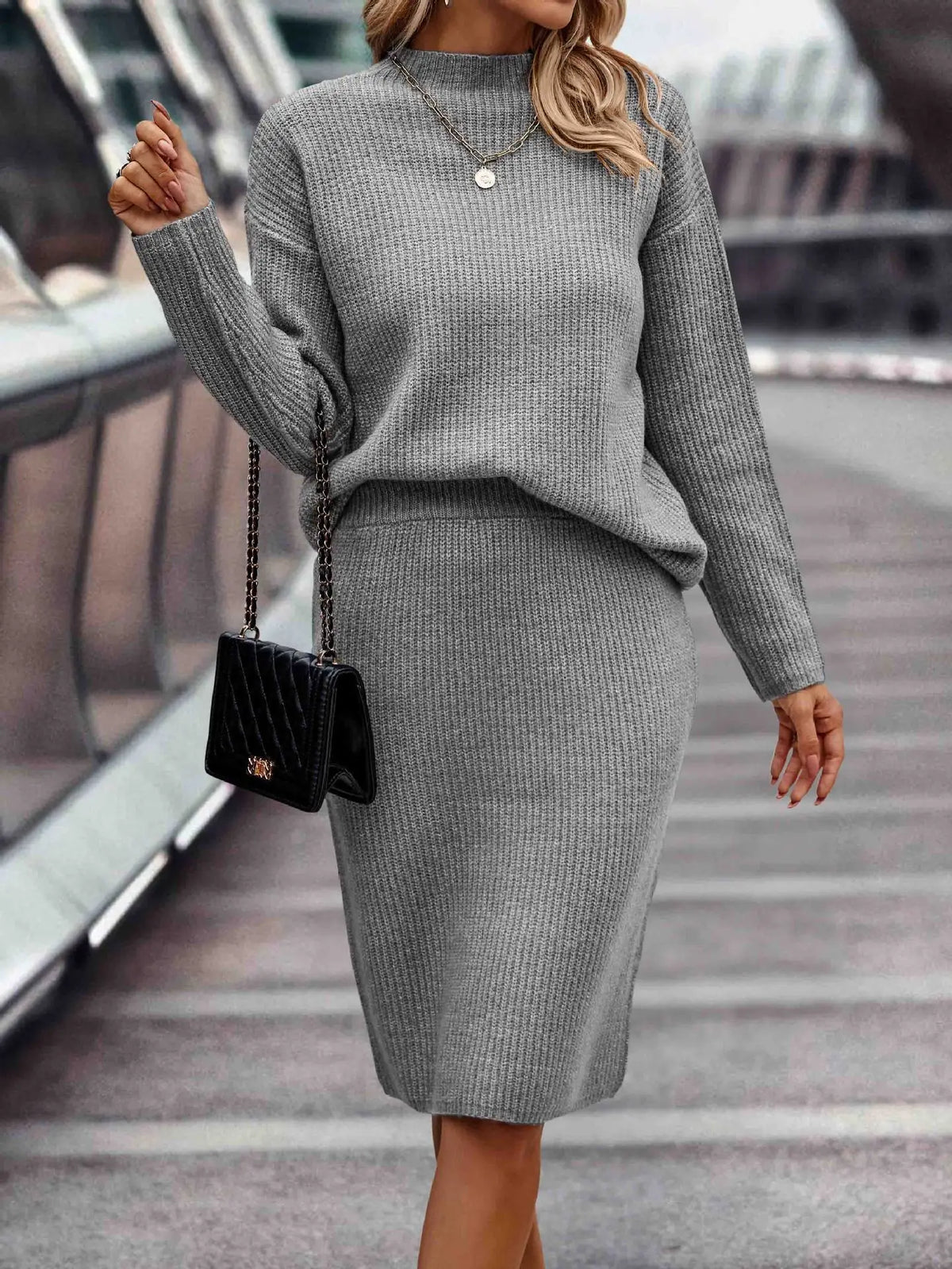 Hedwig - Women's Knit Midi Skirt with Stand Collar – Grey
