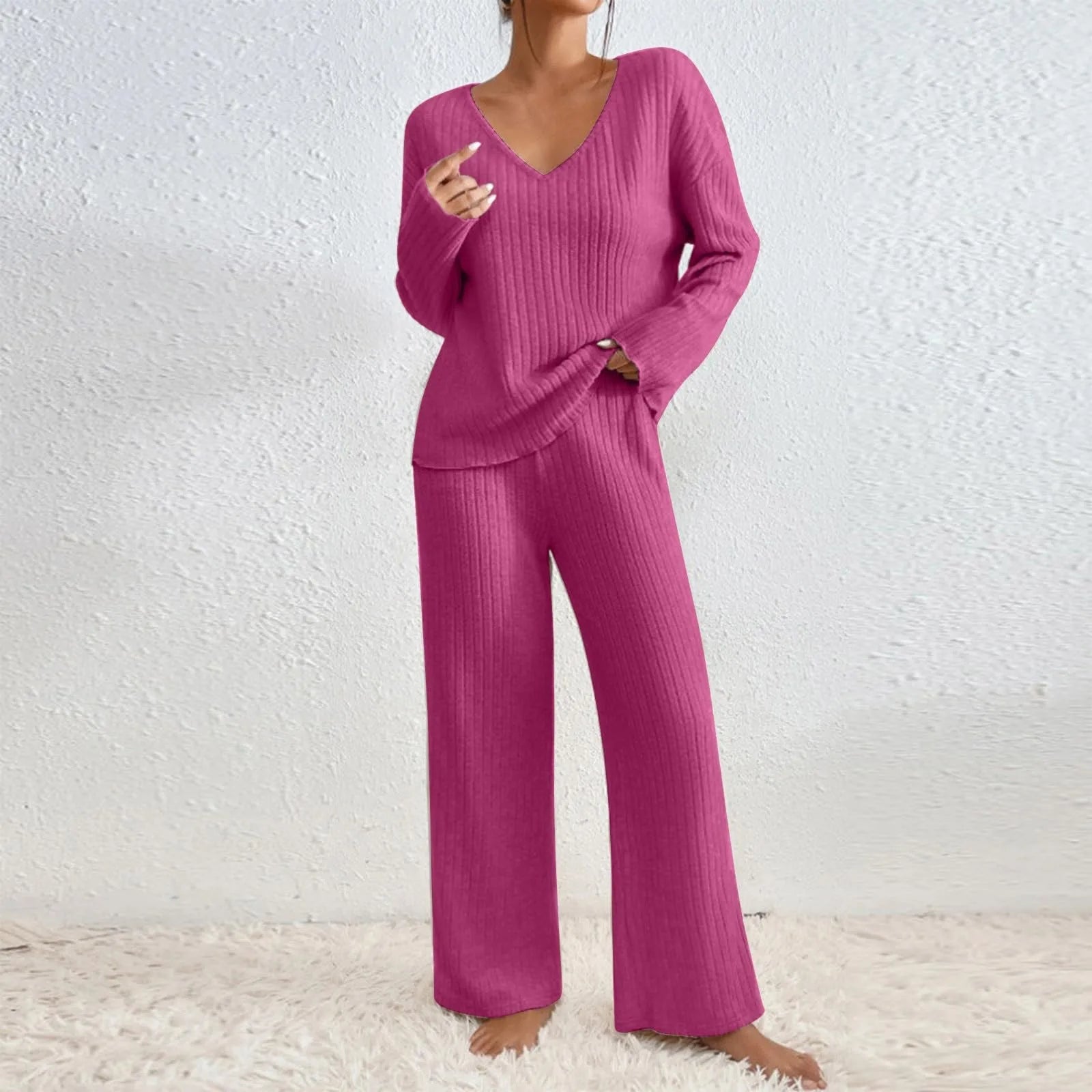Stella - Women's V-Neck Ribbed Knit Lounge Set