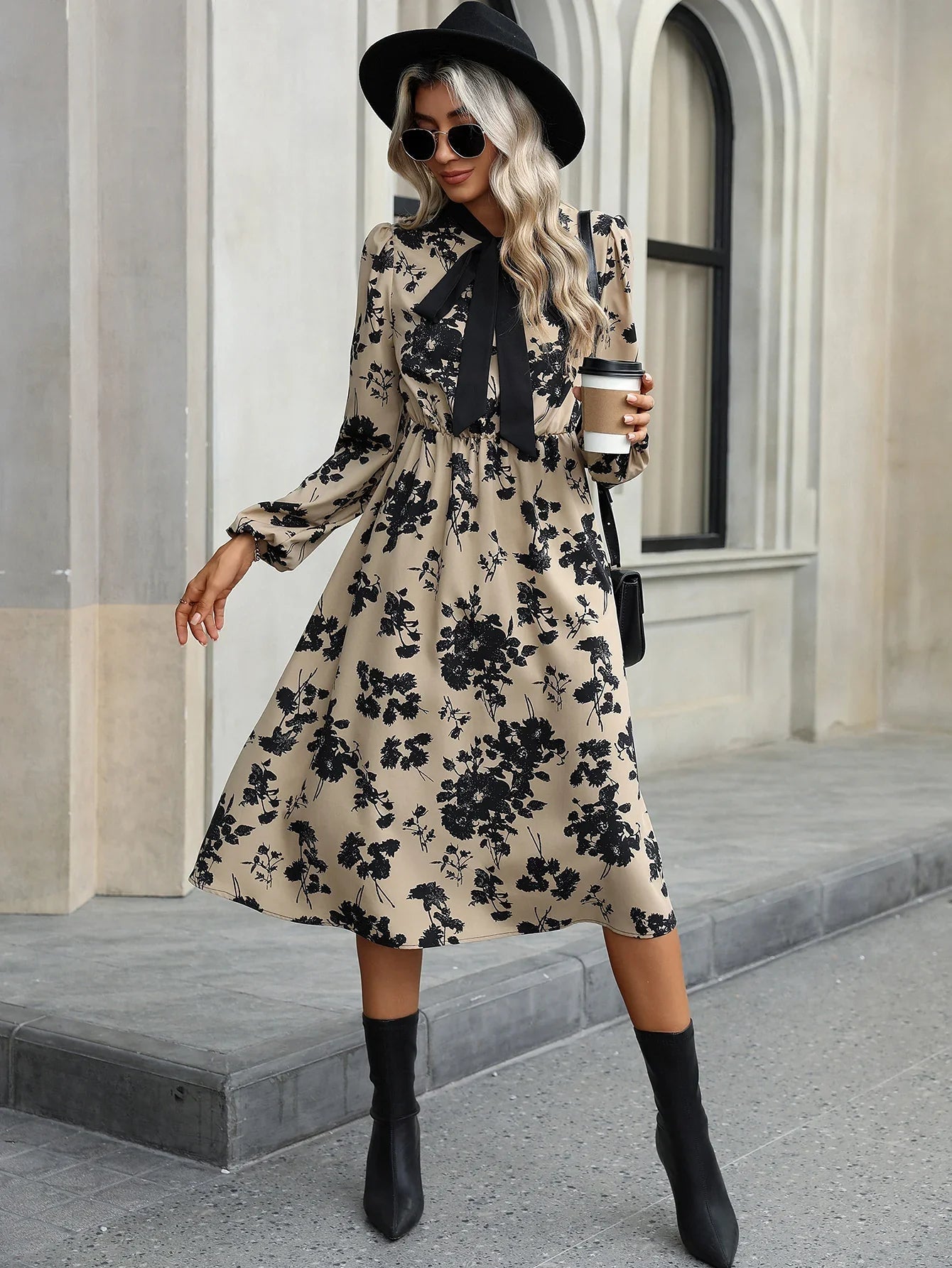 Lorraine - Women's Bow-Tie Floral Print Dress Elegant and Timeless