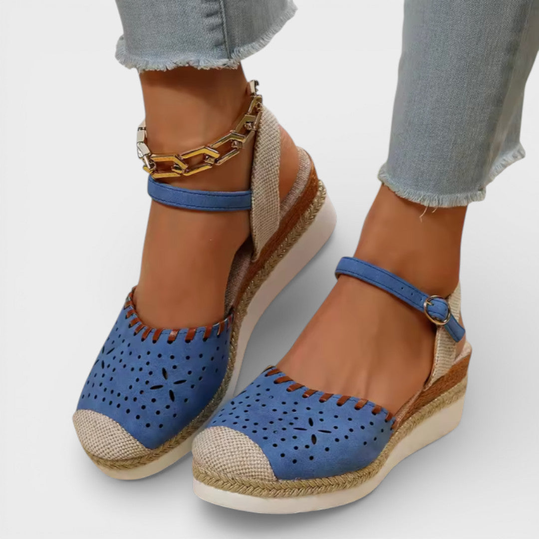 Women's closed toe espadrille wedge sandals in blue