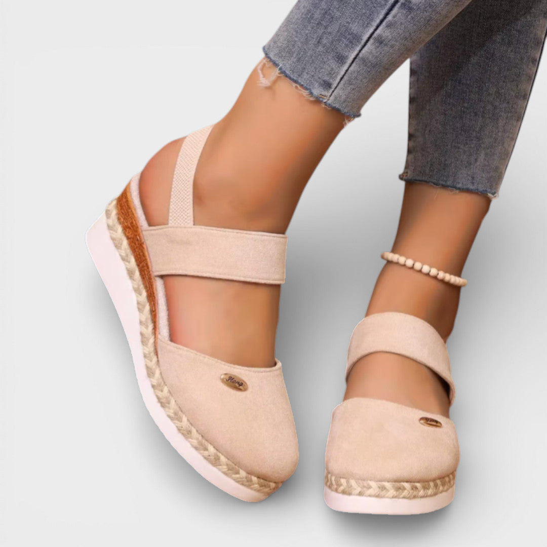 Women's Closed Toe Espadrille Wedge Sandals with Ankle Strap in Beige
