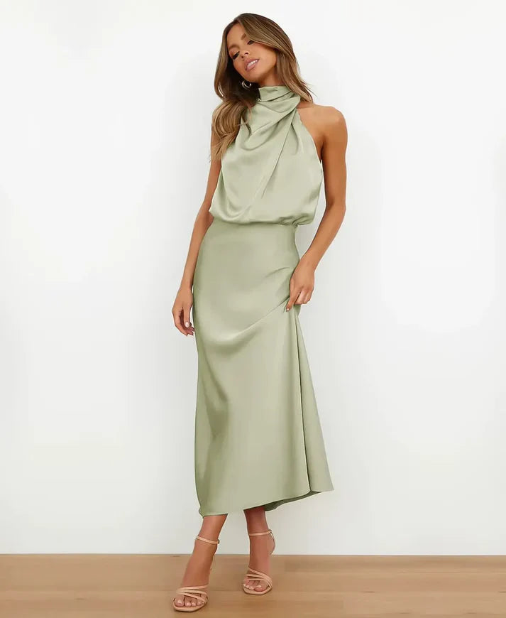 Sophie - Robe midi élégante en satin à dos nu