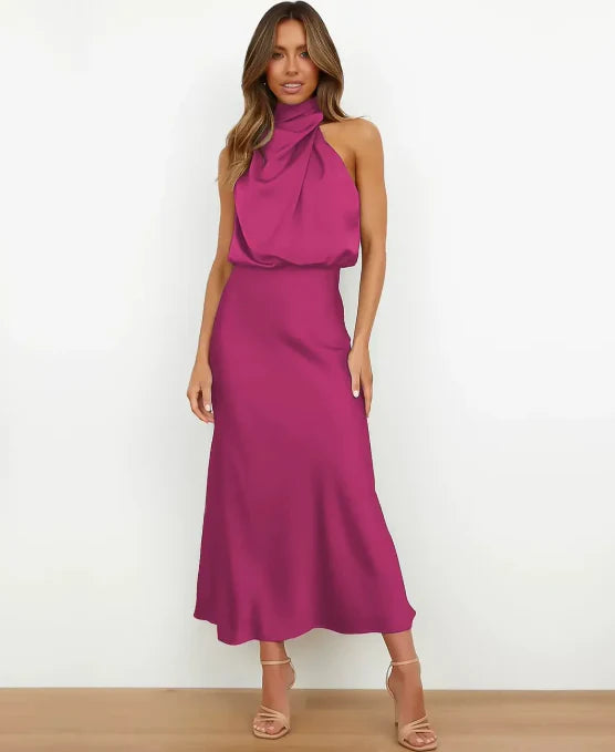 Sophie - Robe midi élégante en satin à dos nu