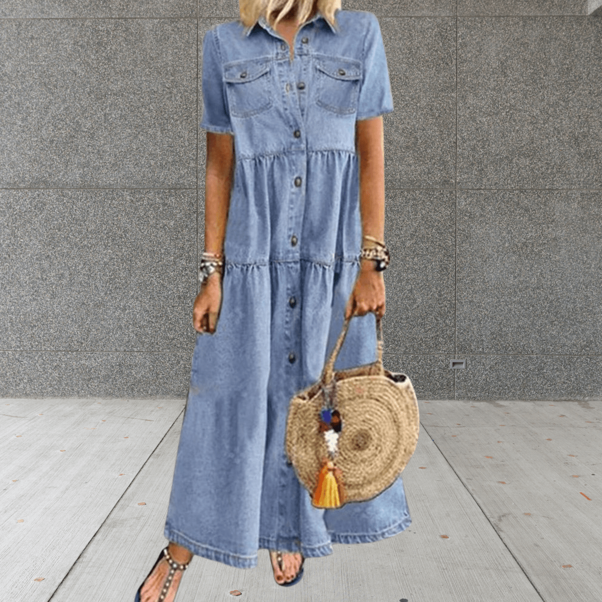 Ailbhe - Women's Denim Maxi Shirt Dress with Button Front