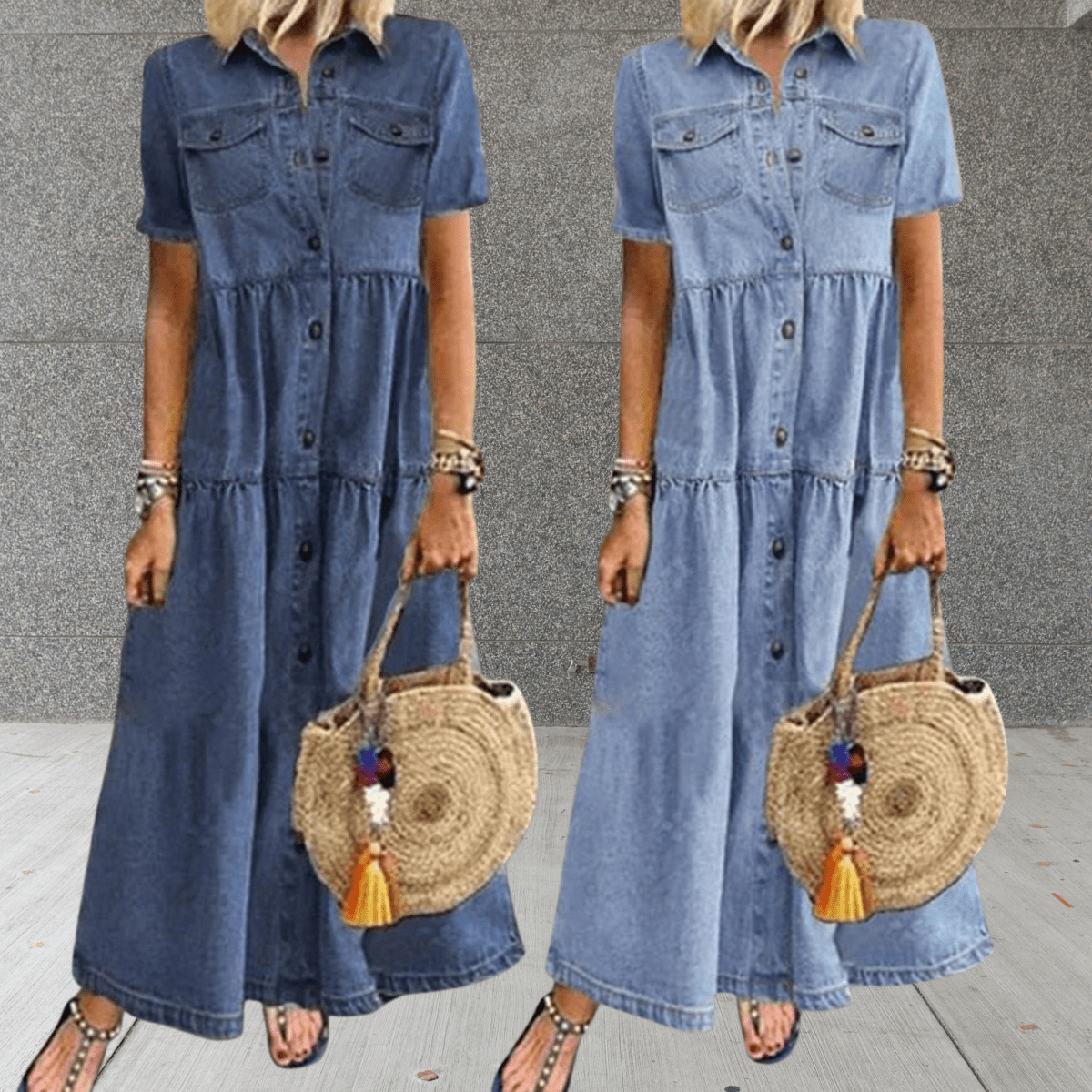 Ailbhe - Women's Denim Maxi Shirt Dress with Button Front
