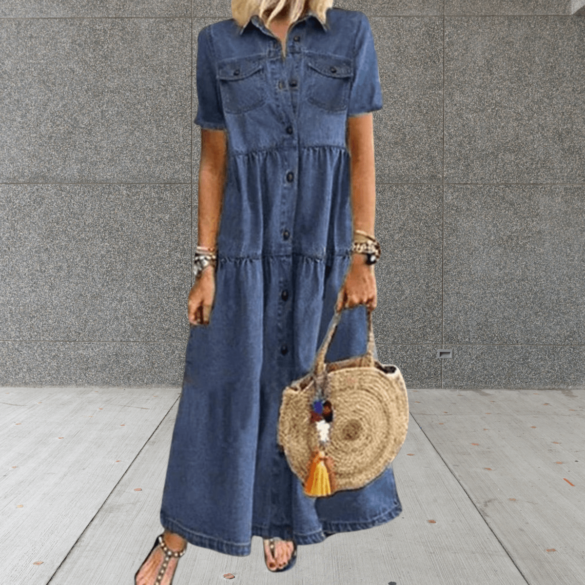Ailbhe - Women's Denim Maxi Shirt Dress with Button Front