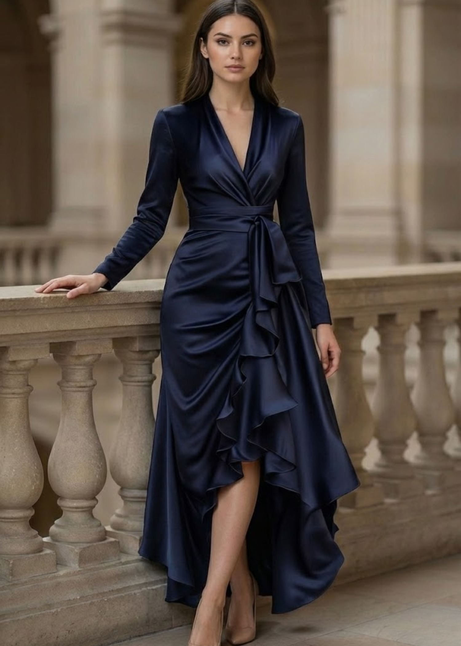 Women's Satin Wrap Dress with Long Sleeves and Asymmetric Hem