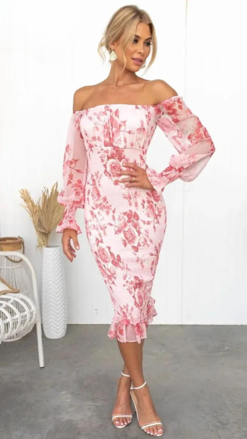 Camilla - Women's Off-the-Shoulder Floral Midi Dress