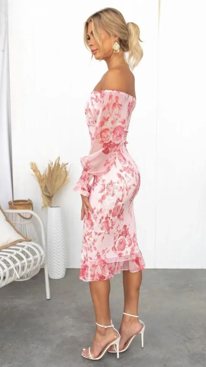 Camilla - Women's Off-the-Shoulder Floral Midi Dress