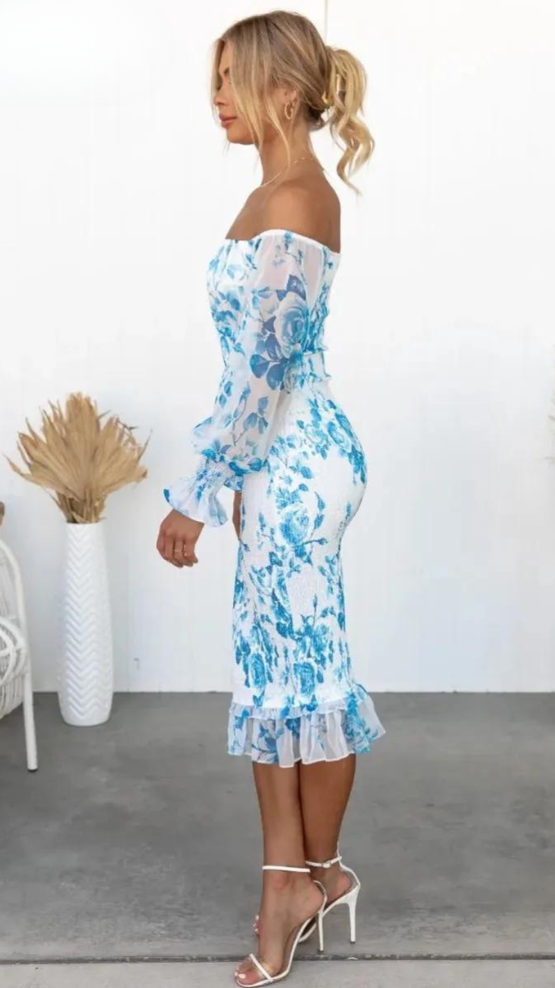 Camilla - Women's Off-the-Shoulder Floral Midi Dress