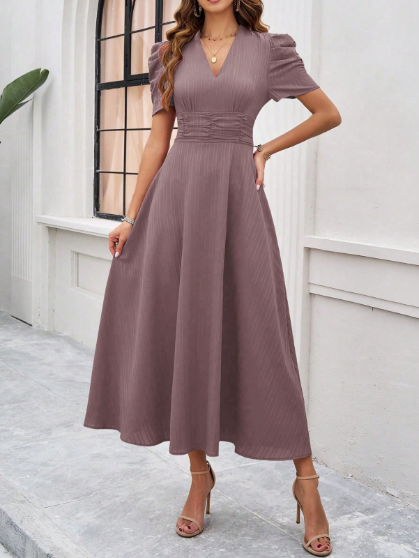 Cecily - Women's V-Neck Midi Dress with Puff Sleeves and Ruched Waist