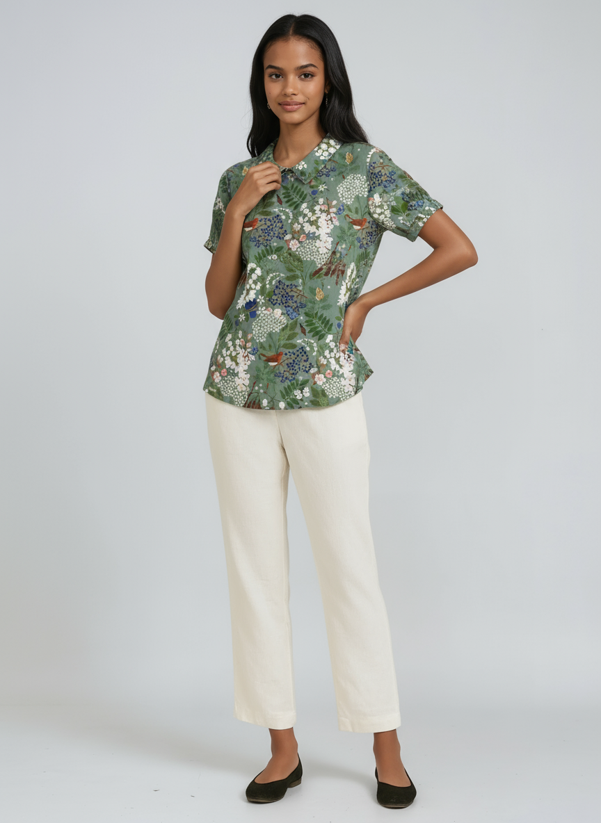 Blusa de lino para mujer con bordado floral y cuello Peter Pan