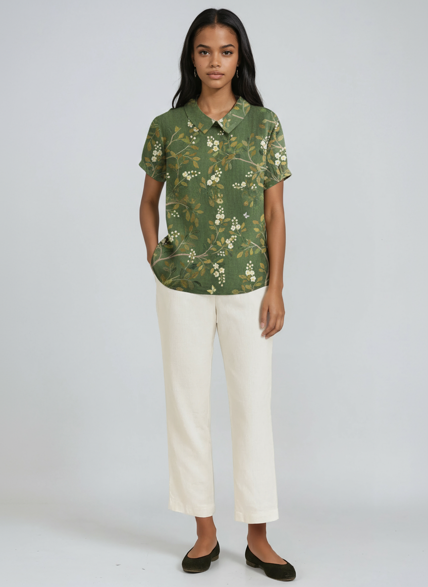 Blusa de lino para mujer con bordado floral y cuello Peter Pan