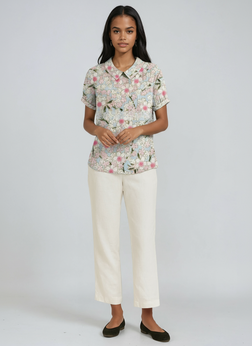 Blusa de lino para mujer con bordado floral y cuello Peter Pan