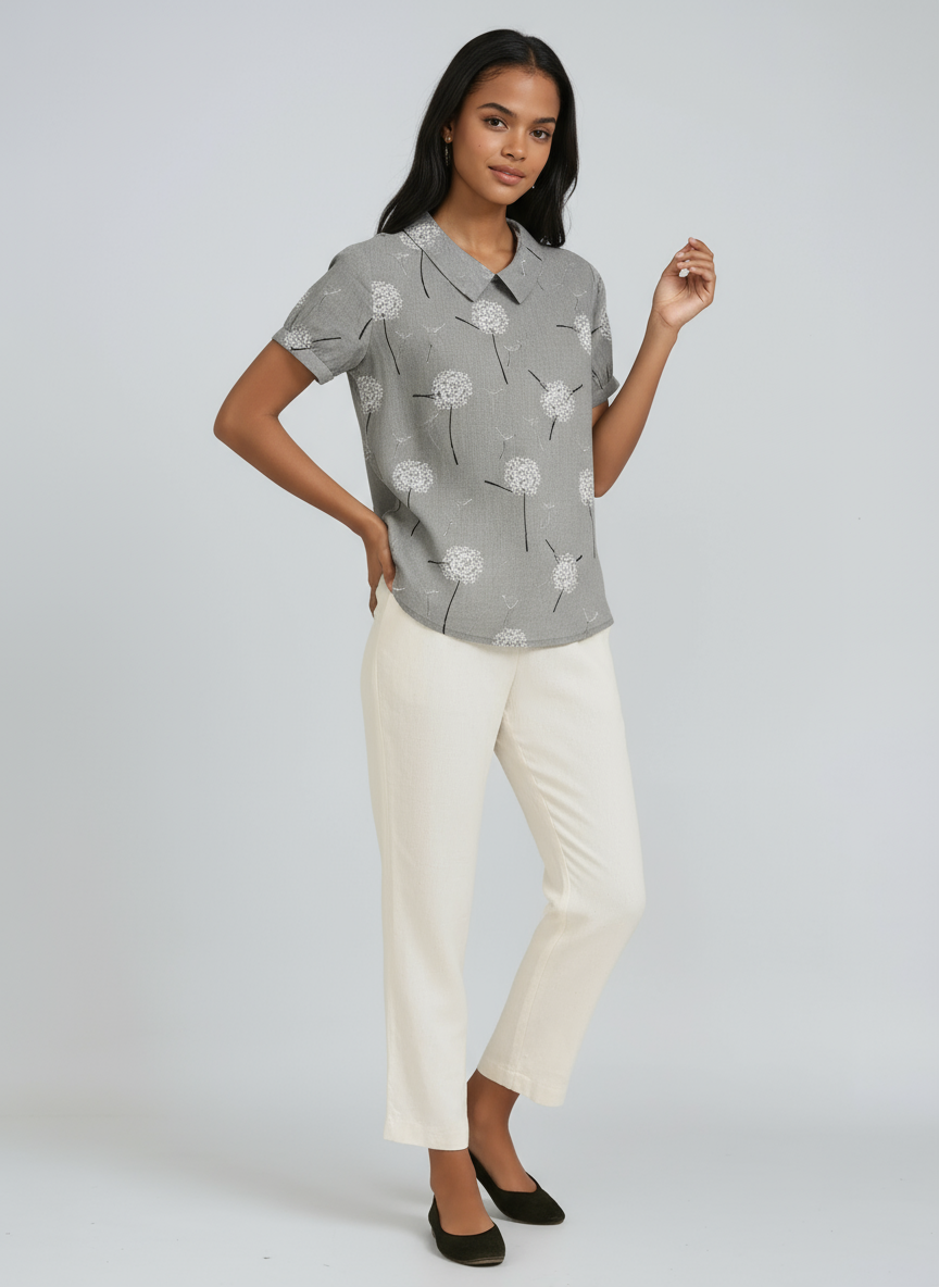 Blusa de lino para mujer con bordado floral y cuello Peter Pan
