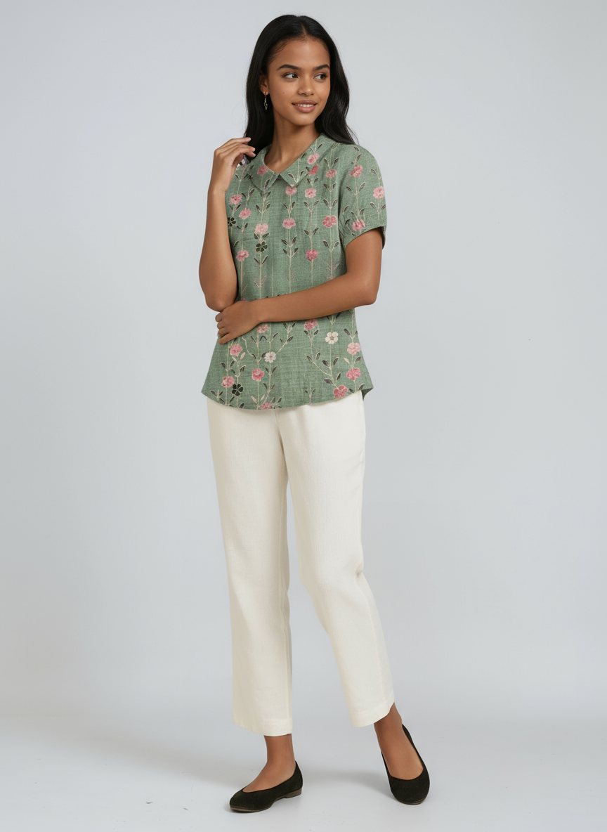 Blusa de lino para mujer con bordado floral y cuello Peter Pan