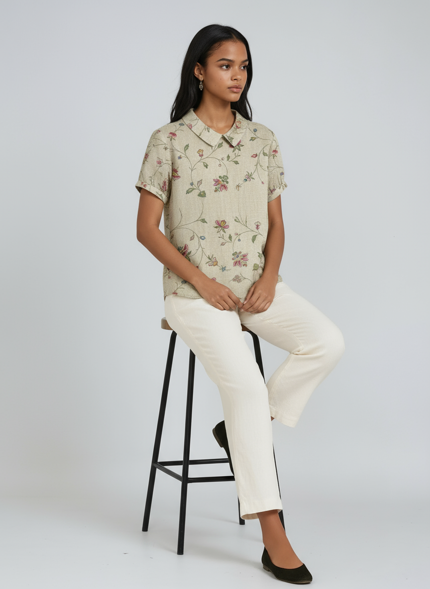 Blusa de lino para mujer con bordado floral y cuello Peter Pan