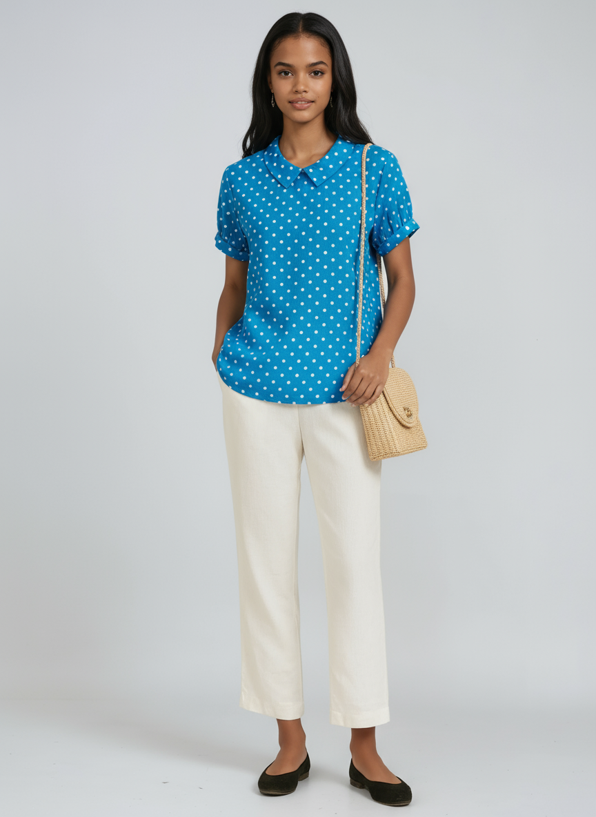 Blusa de lino para mujer con bordado floral y cuello Peter Pan
