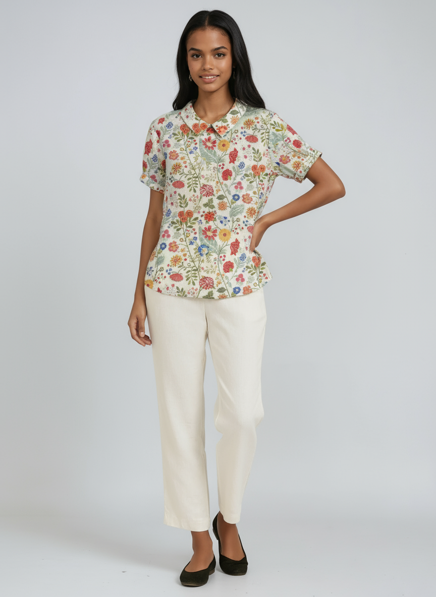Blusa de lino para mujer con bordado floral y cuello Peter Pan
