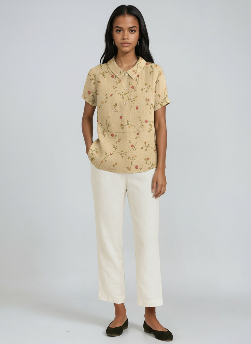 Blusa de lino para mujer con bordado floral y cuello Peter Pan