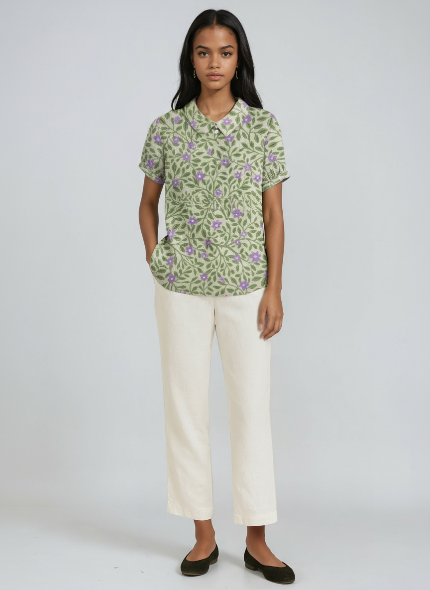 Blusa de lino para mujer con bordado floral y cuello Peter Pan