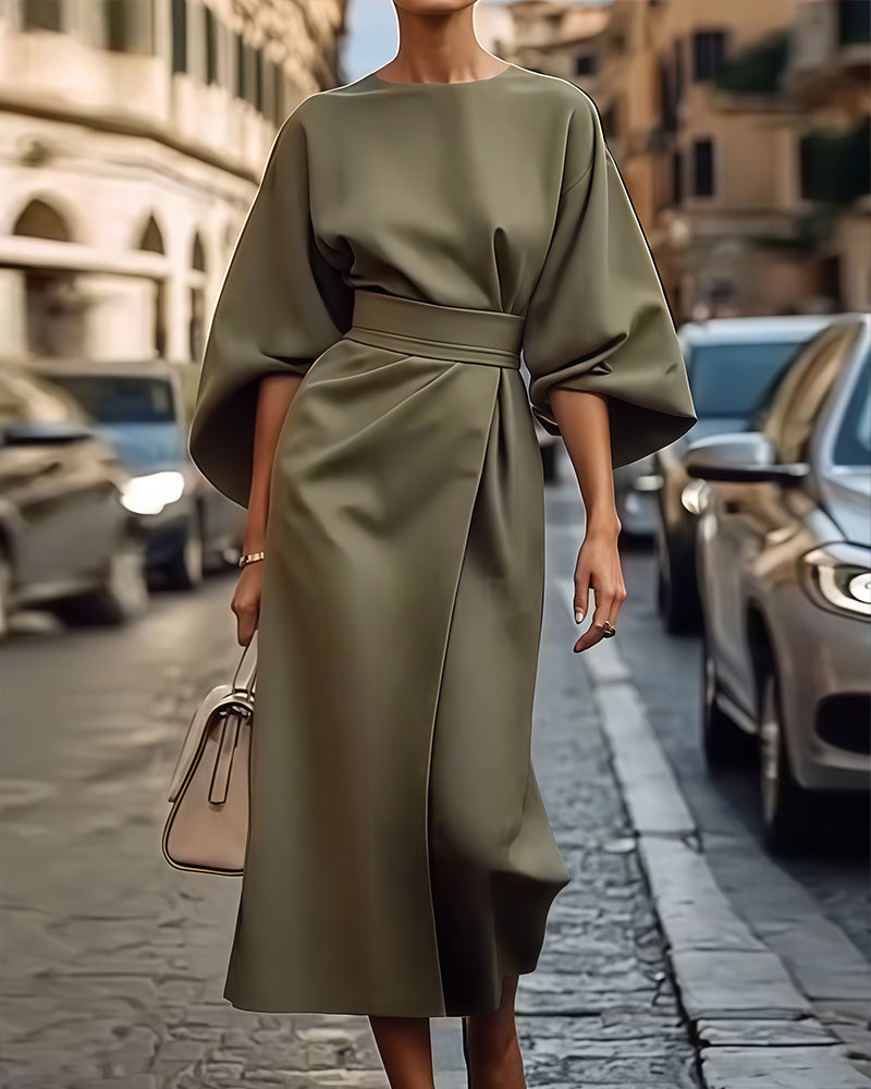 Zaira - Women's Satin Wrap Midi Dress with Tie Waist