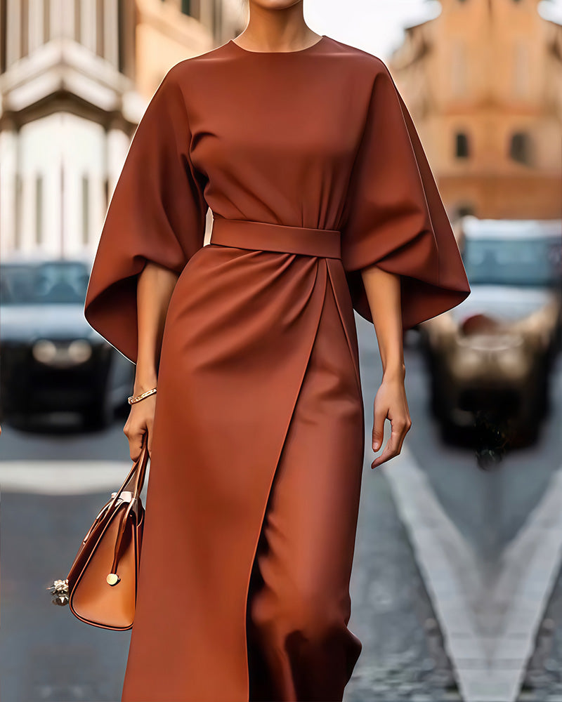 Zaira - Women's Satin Wrap Midi Dress with Tie Waist