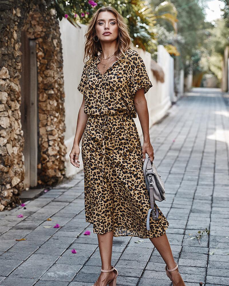 Hazel - Women's Leopard Print Midi Dress